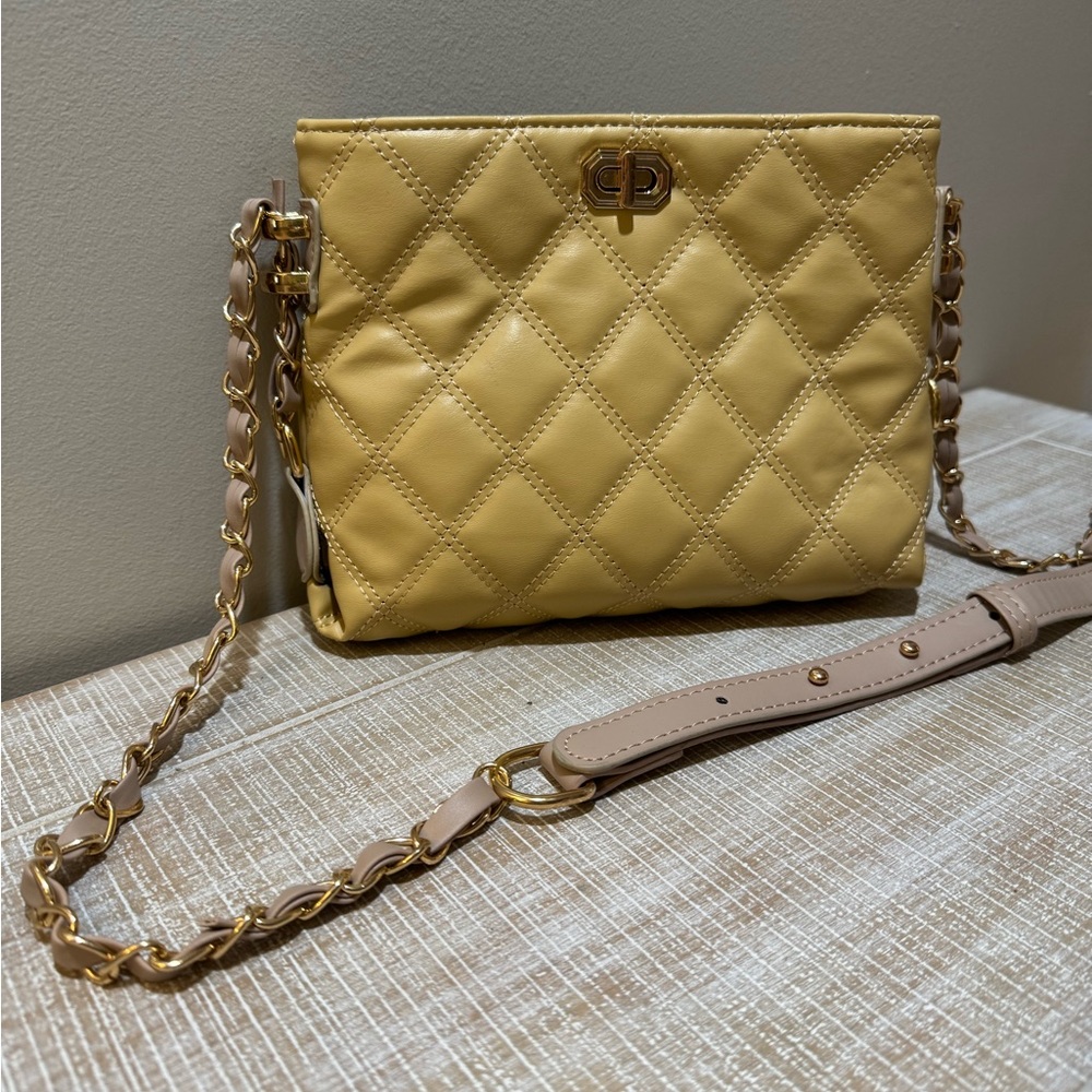 Purse: muted yellow and beige color with gold accents